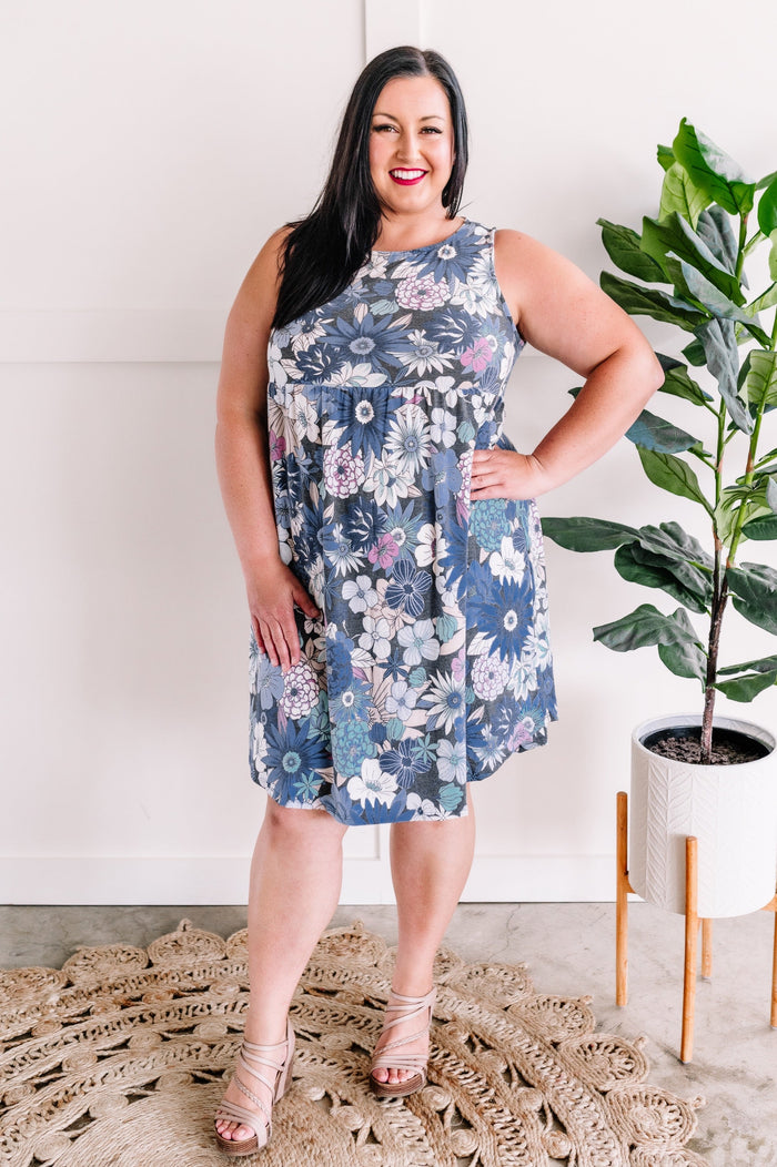 Babydoll Dress In Muted Blue Florals * Sample Sale