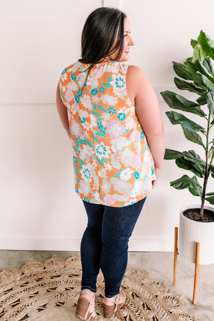 Gabby Sleeveless Floral Top In Turquoise & Tangerine  * Sample Sale