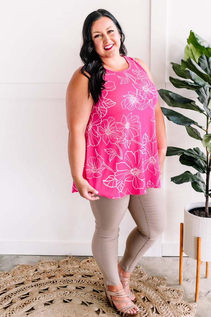 Floral Sketch Sleeveless Tunic Top In Bright Pink * Sample Sale *