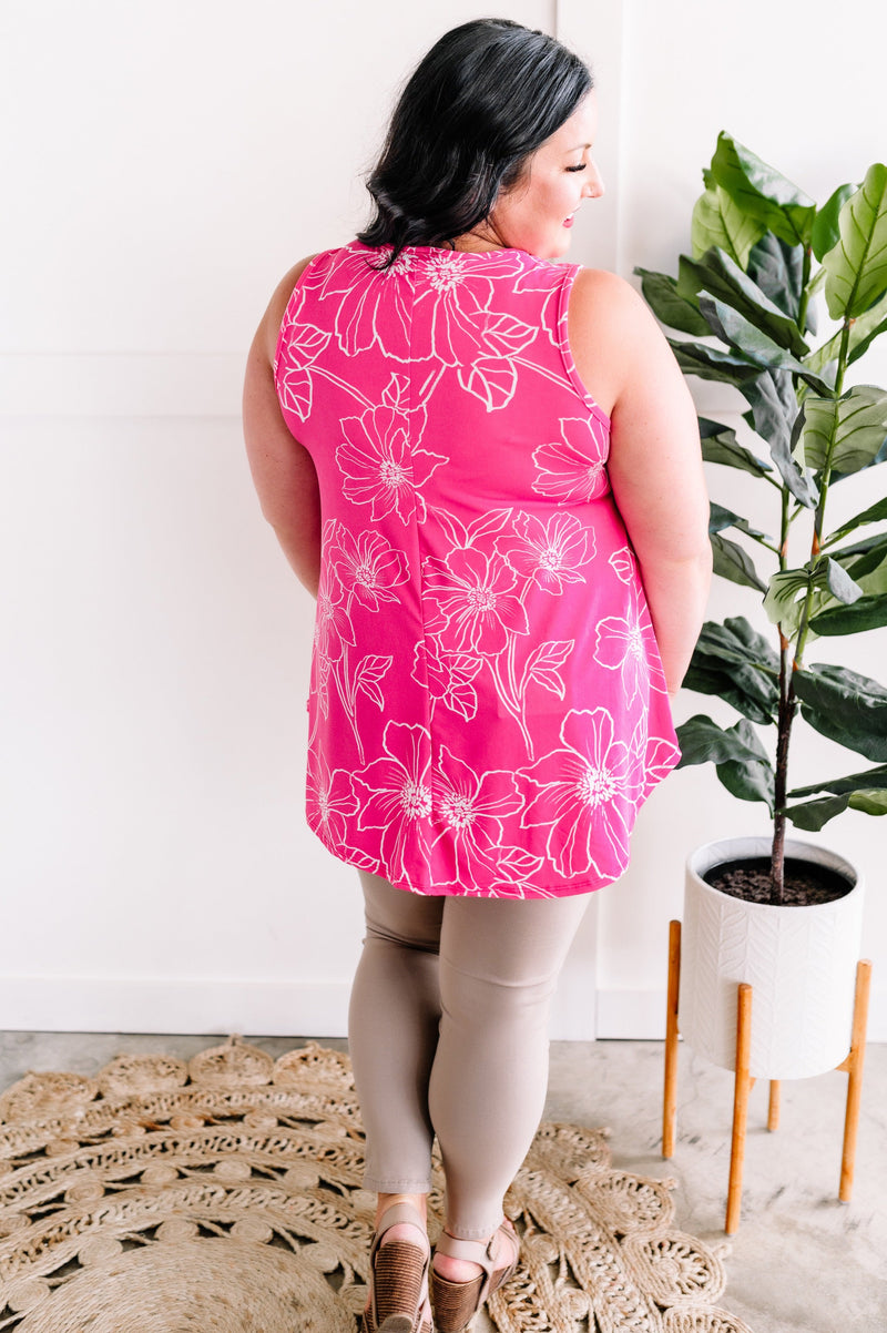 Floral Sketch Sleeveless Tunic Top In Bright Pink * Sample Sale *