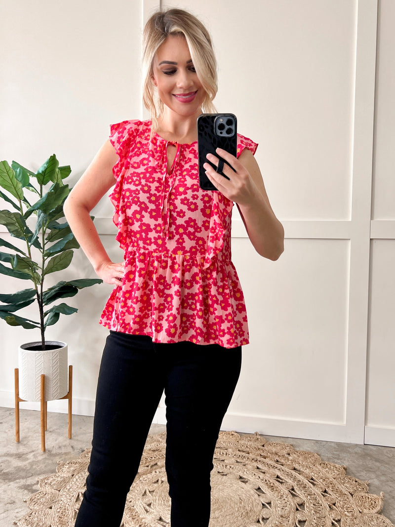 Emily Wonder Tie Front Ruffle Blouse In Retro Pink Florals * Sample Sale