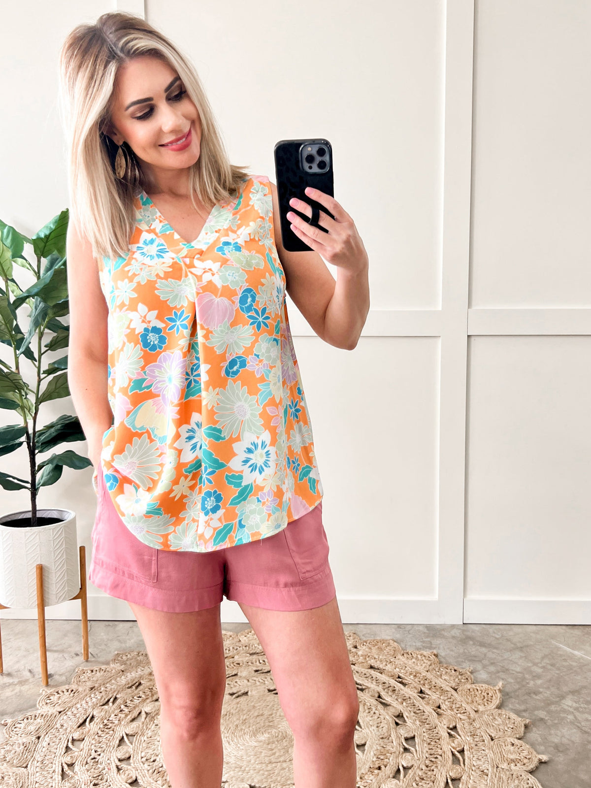 Gabby Sleeveless Floral Top In Turquoise & Tangerine  * Sample Sale