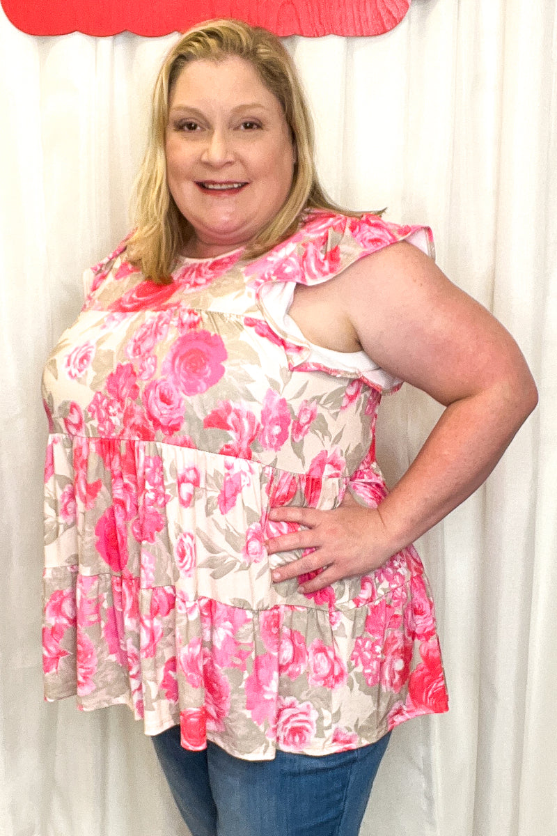 Blush & Pink Floral Tiered Top with Flutter Sleeves