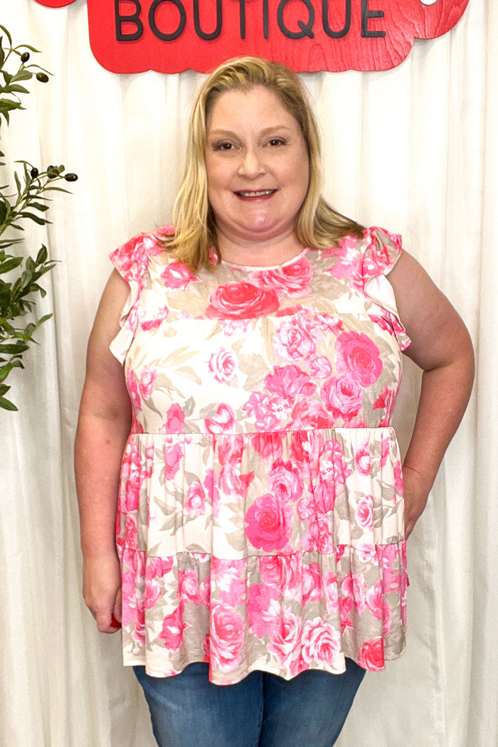 Blush & Pink Floral Tiered Top with Flutter Sleeves
