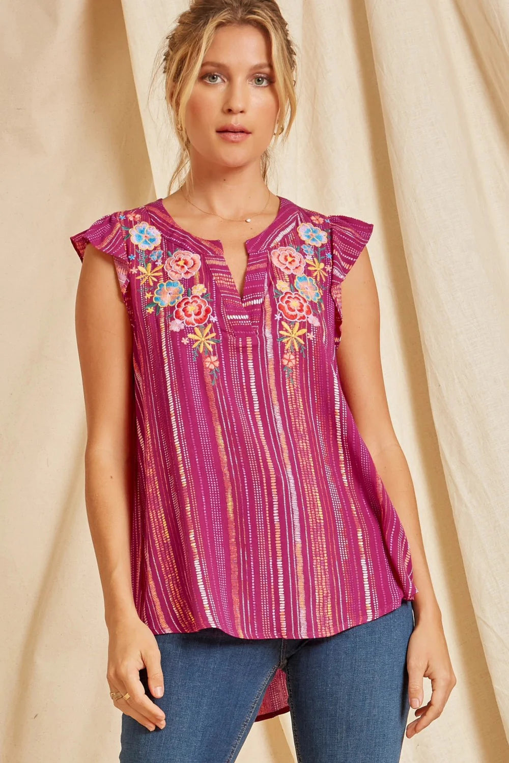 Hot Pink Embroidered Blouse with Flutter Sleeves