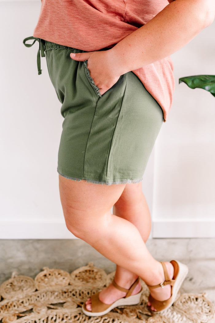 Summer Blend Lightweight Drawstring Shorts In Olive * Sample Sale