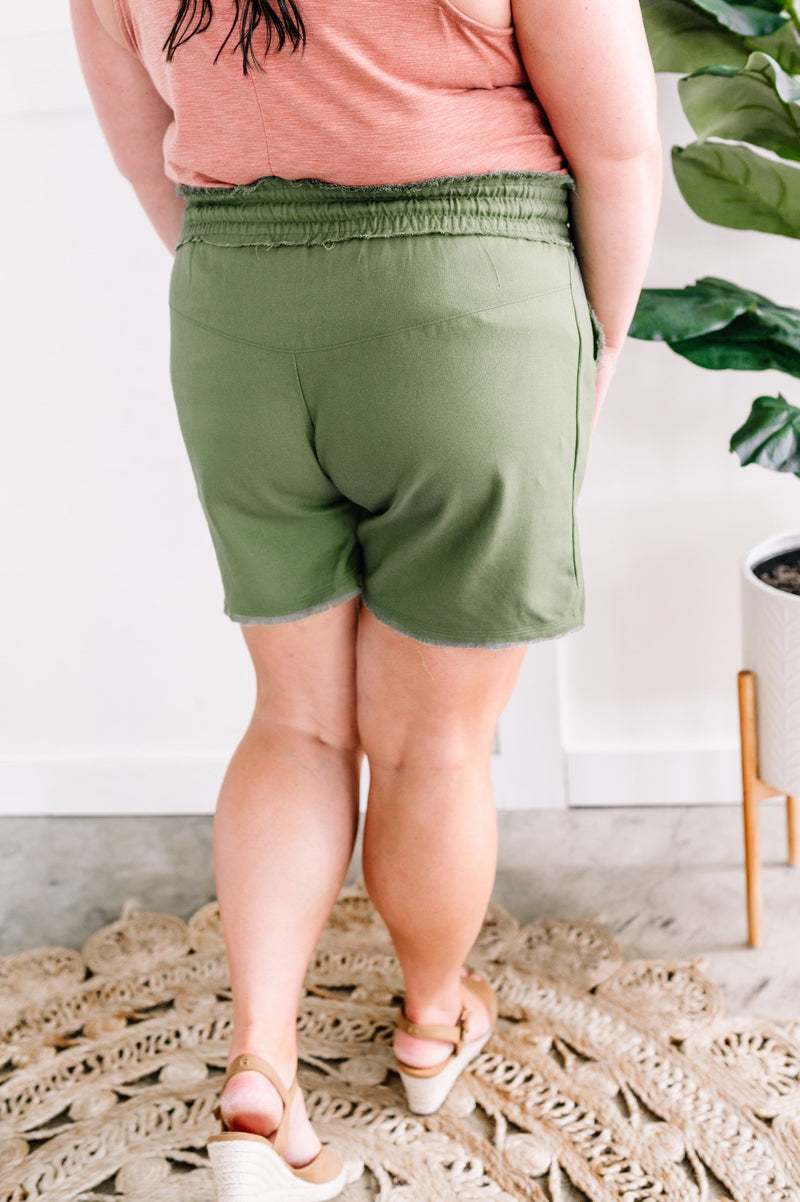 Summer Blend Lightweight Drawstring Shorts In Olive * Sample Sale