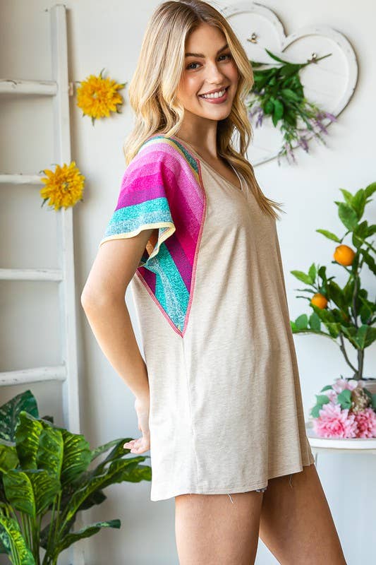 Oatmeal V-Neck Top with Rainbow Striped Sleeves